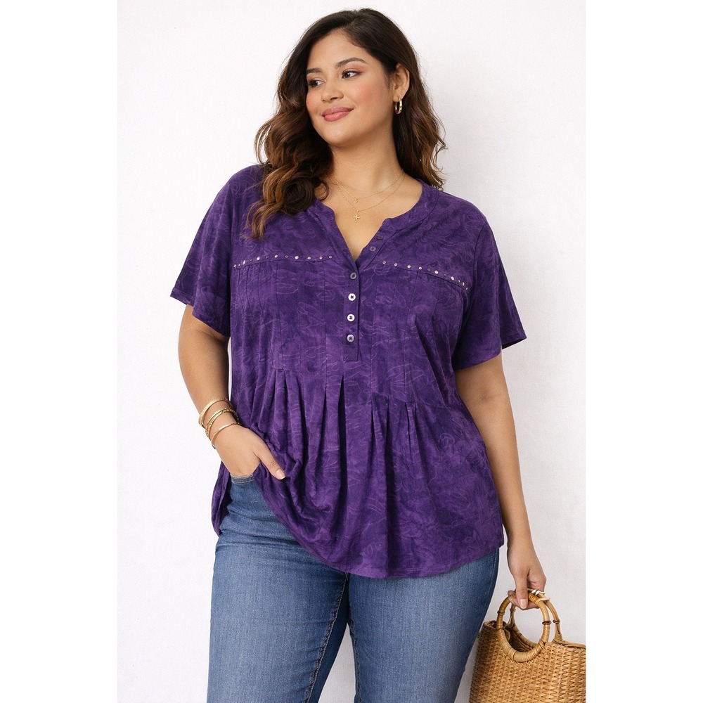 Sienna Grace Purple Tie Dye Renaissance Embossed Pintuck Henley Blouse 1X Womens